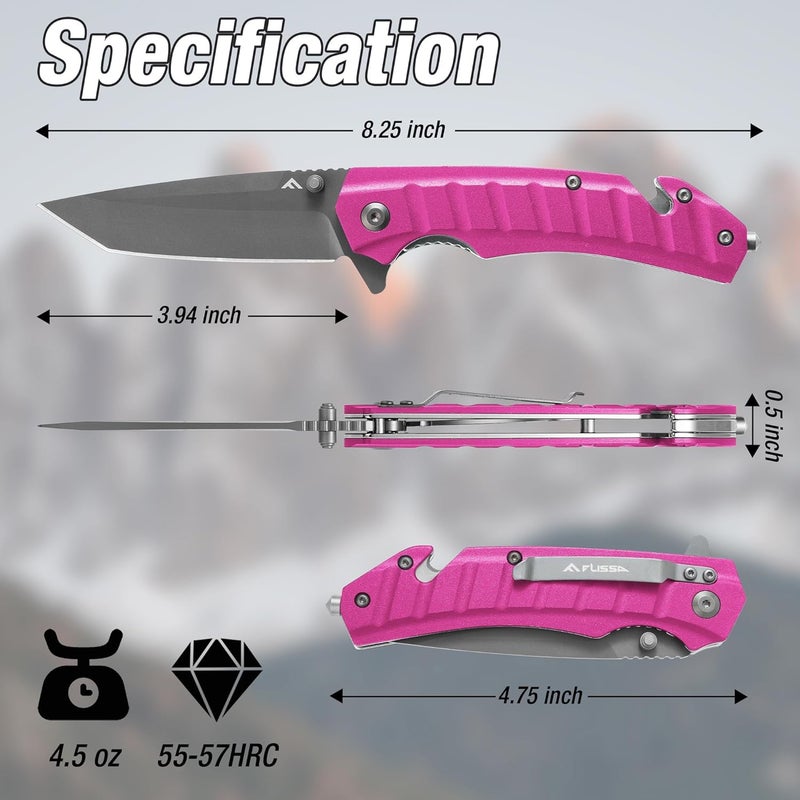 FLISSA Folding Pocket Knife, EDC Knife with Liner Lock, Tanto Blade, Pocket Clip, Glass Breaker, Seatbelt Cutter, Perfect for Outdoor, Camping(Pink) - Image 2